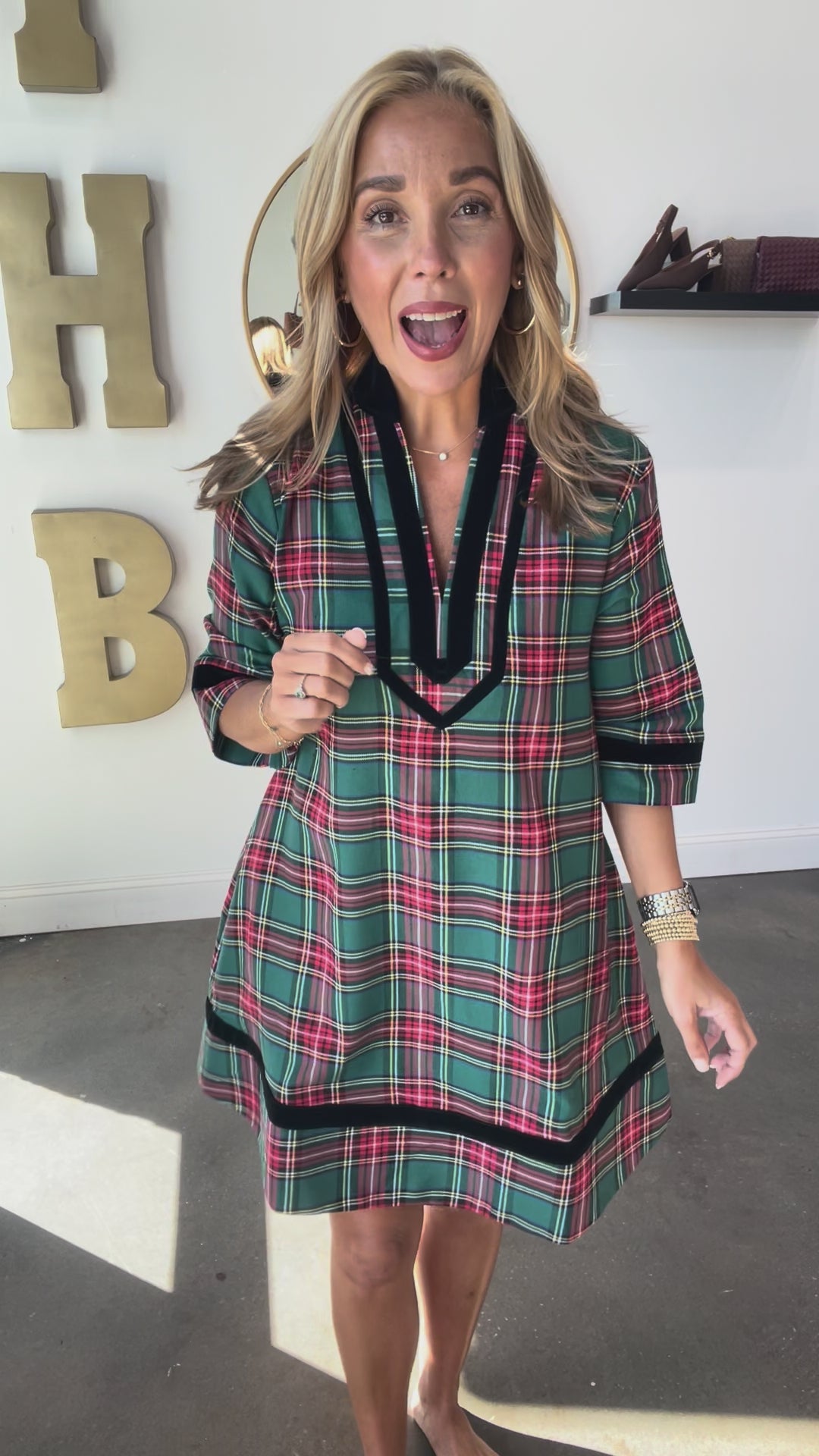 Velvet Trim Plaid Dress