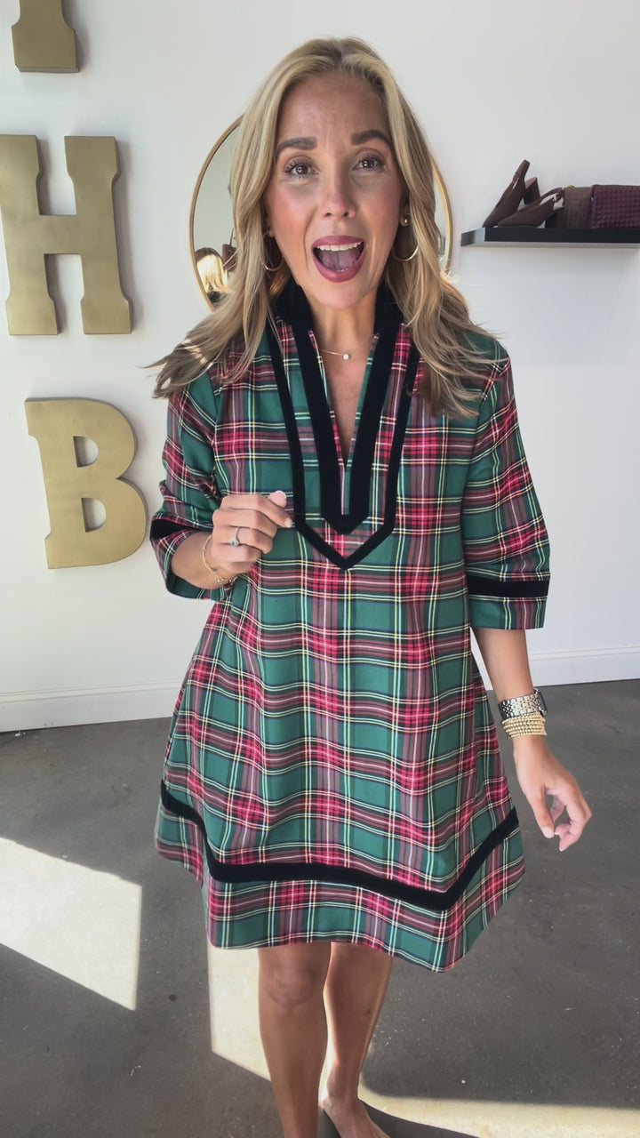 Velvet Trim Plaid Dress