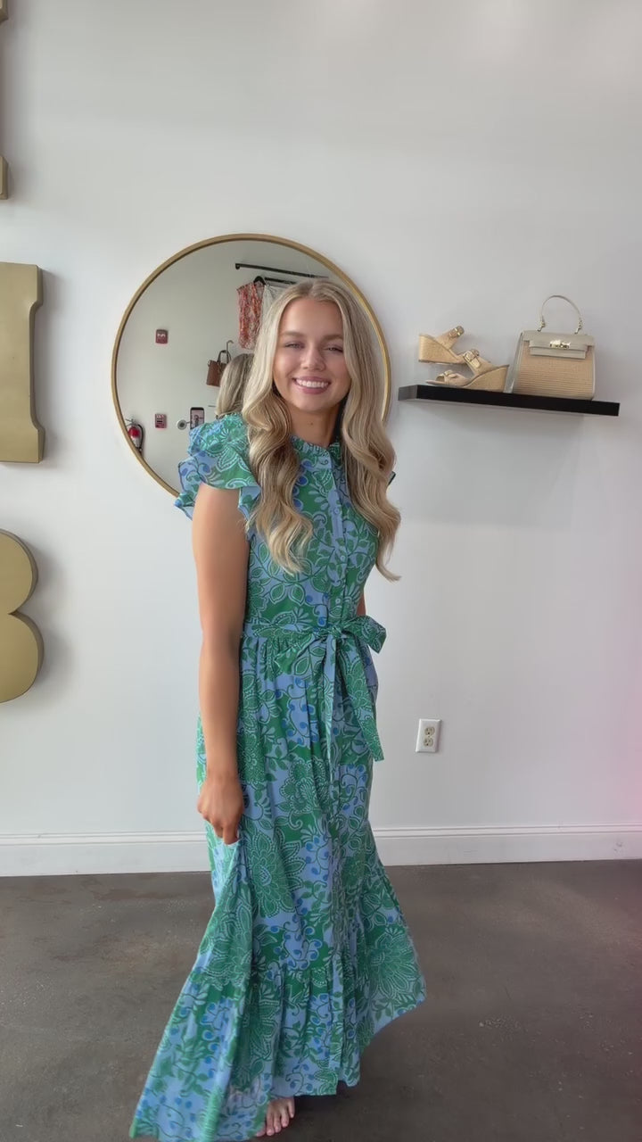 Tie Waist Button Front Dress - Blue