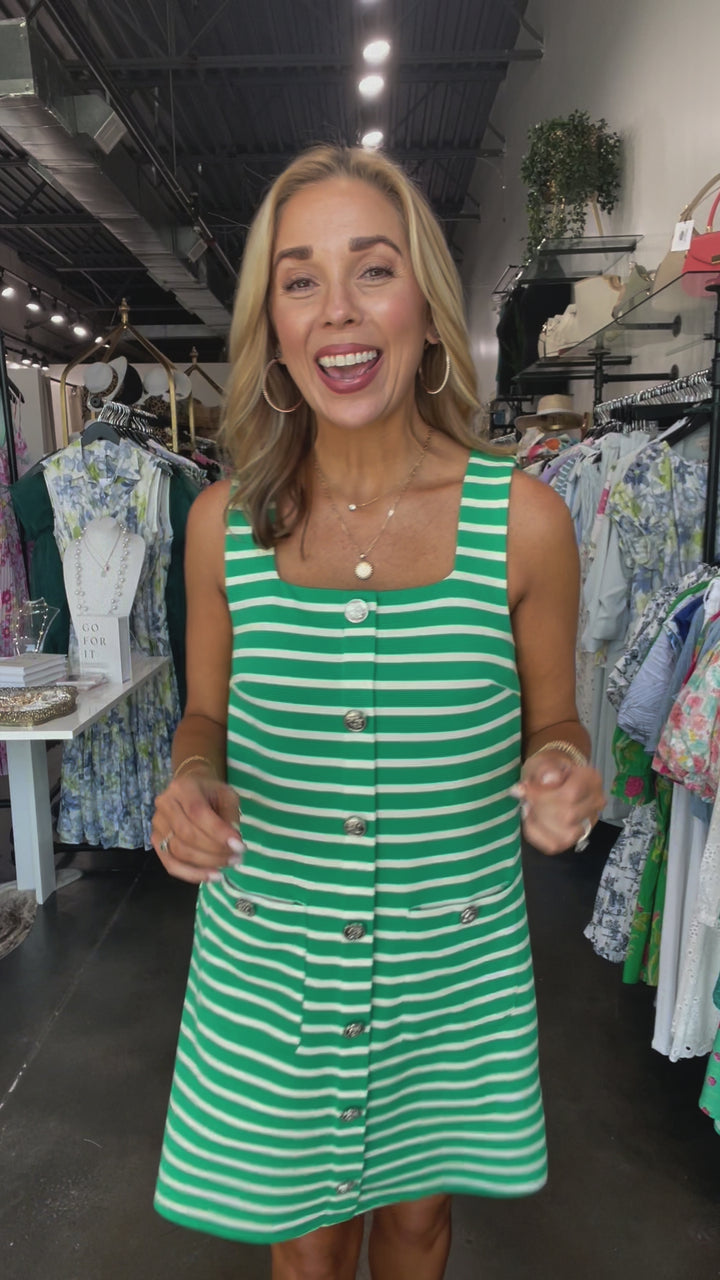 Square Neck Striped Dress - Green
