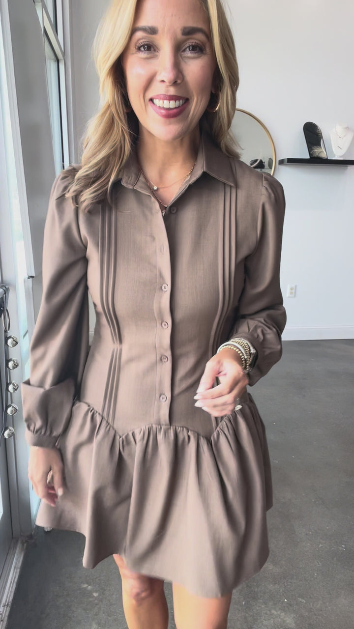 Button Front Drop Waist Dress - Taupe