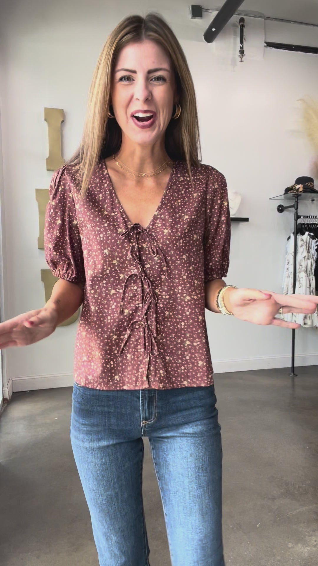 Bow Front Floral Blouse - Brown