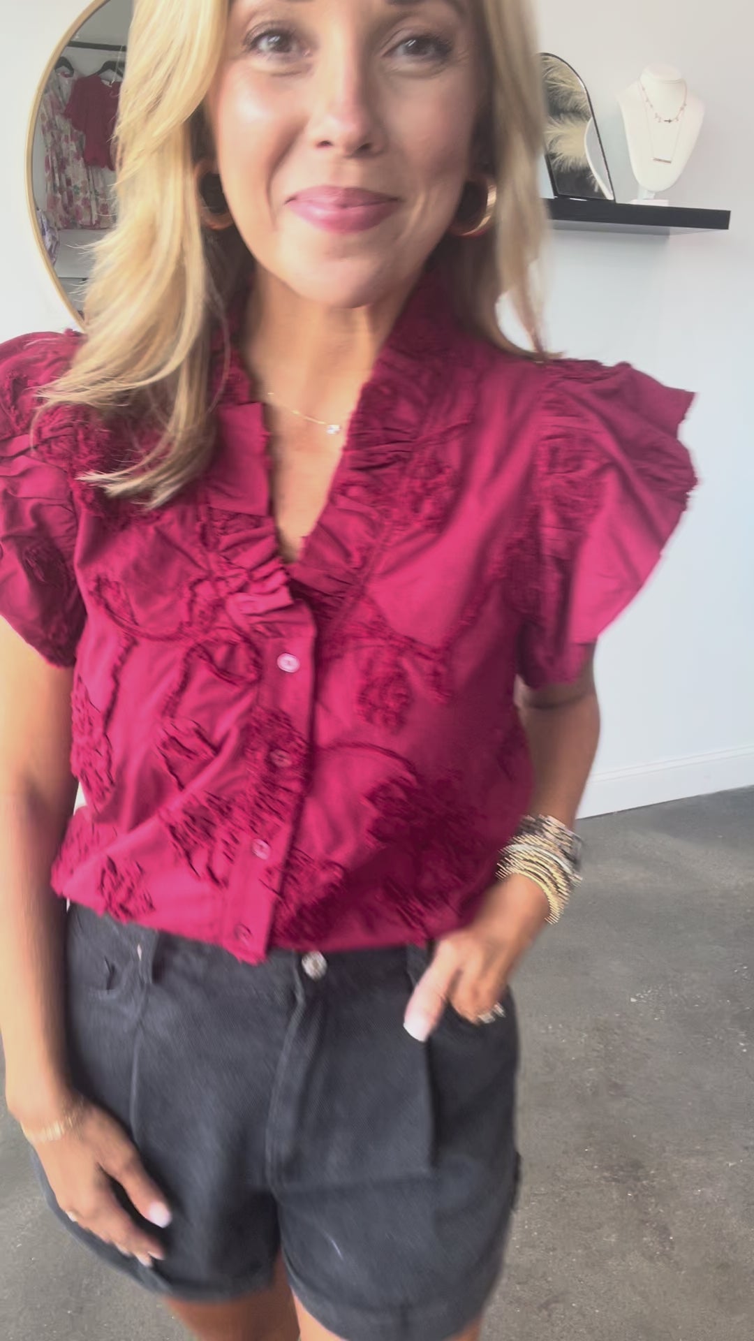 Embroidered V Neck Top - Red