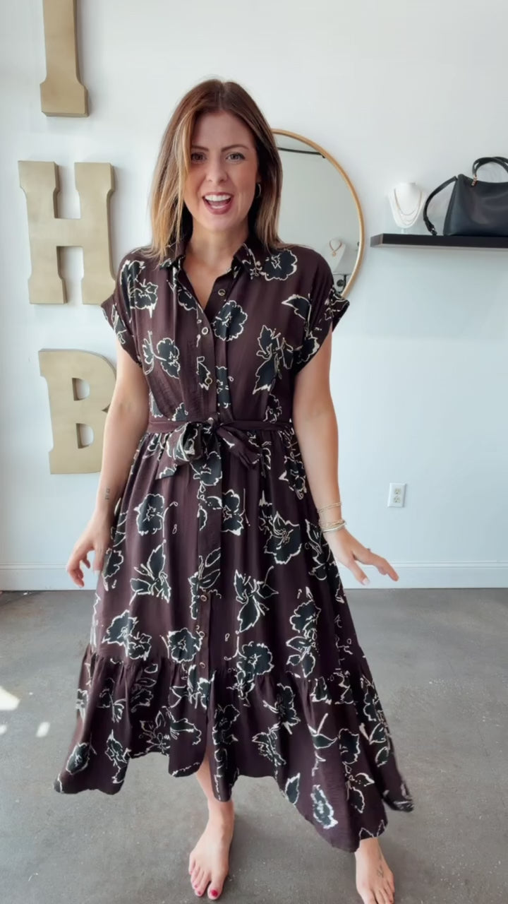 Tie Waist Printed Dress - Brown