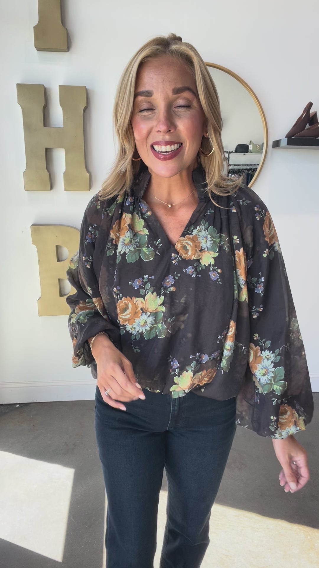 Bubble Hem Floral Top - Chocolate