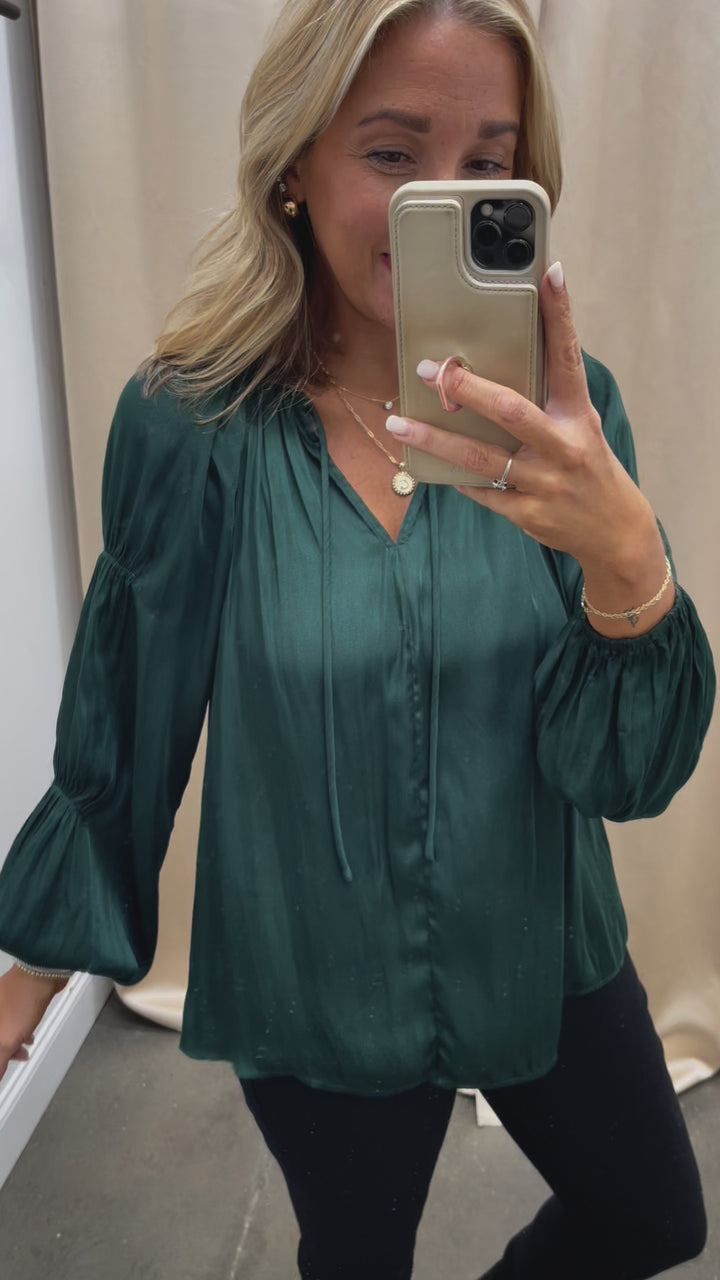 Long Sleeve Satin Blouse - Deep Emerald