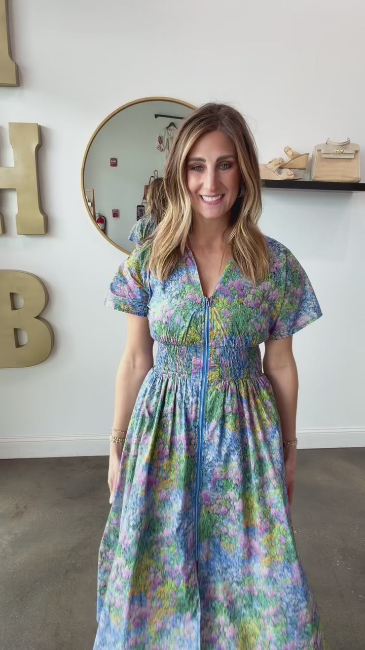 Smocked Waist Floral Dress - Blue