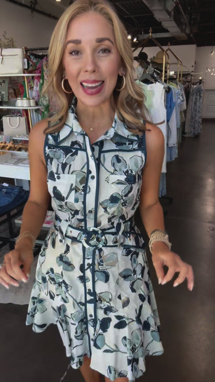 Belted Floral Dress - Navy