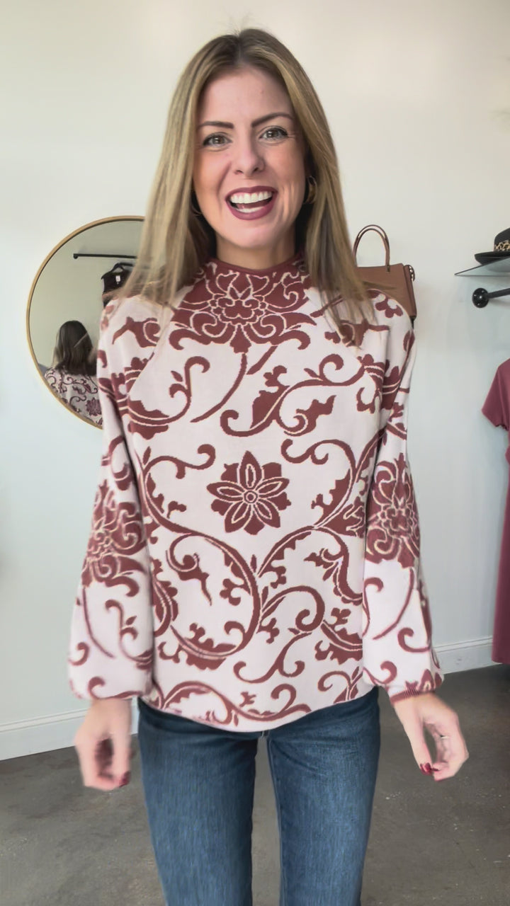 Mock Neck Printed Sweater - Red Brown