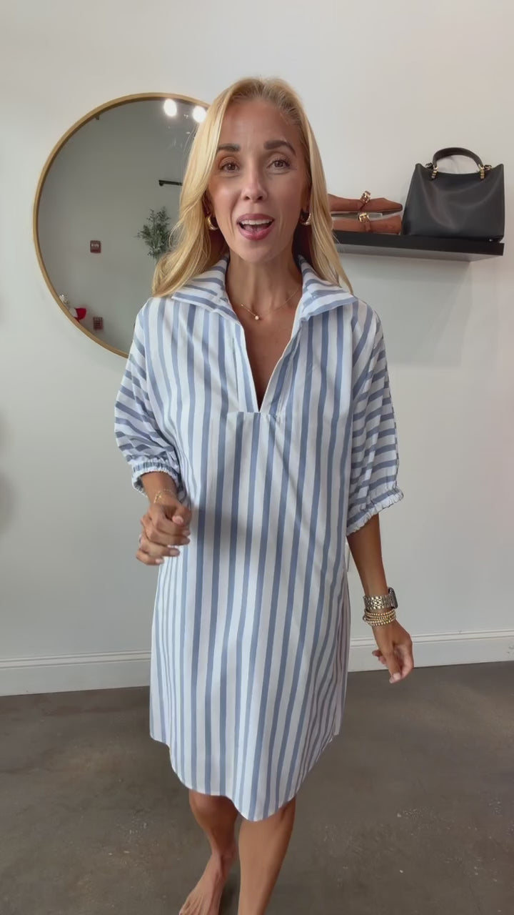 Short Sleeve Striped Dress - Blue