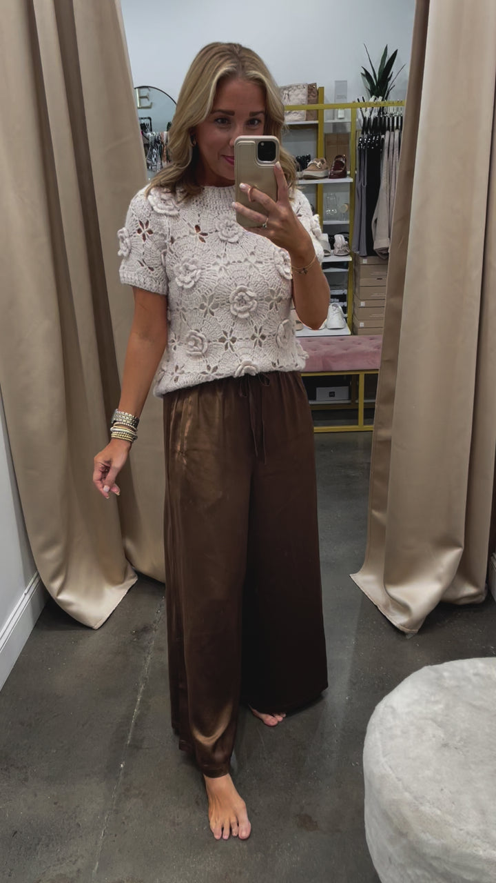 Wide Leg Satin Pants - Brown