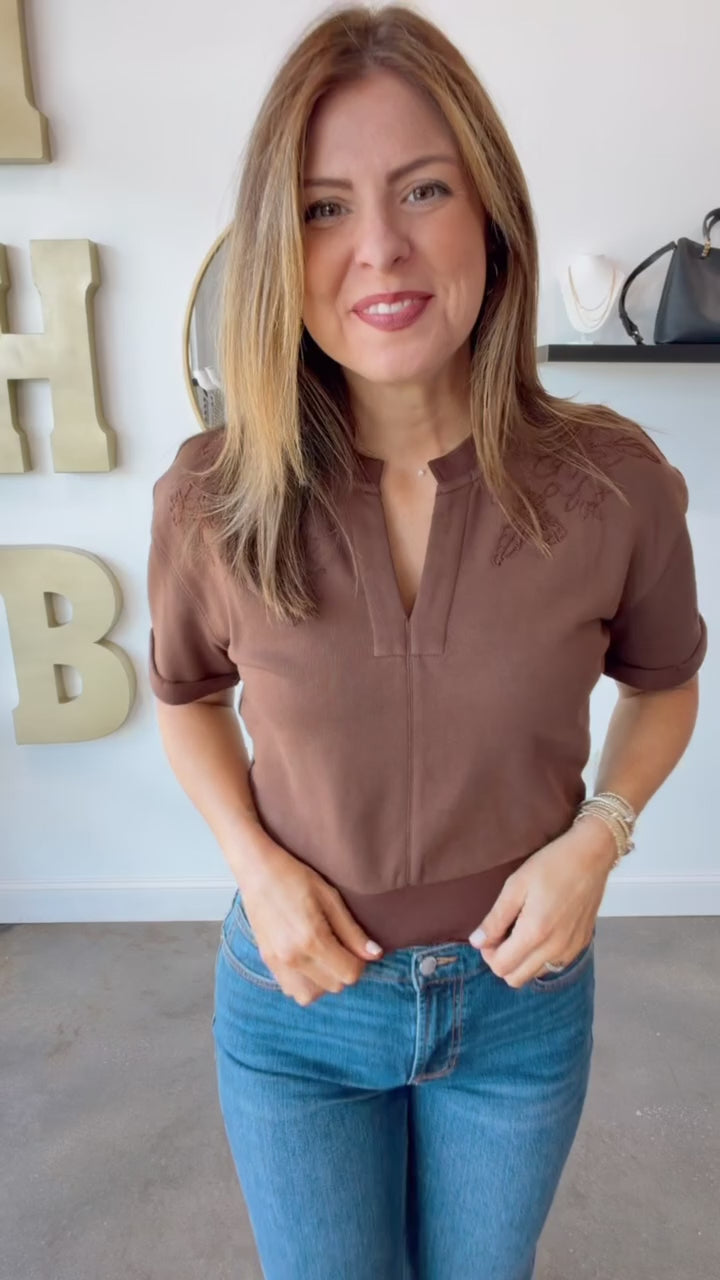 Embroidered Shoulder Top - Brown