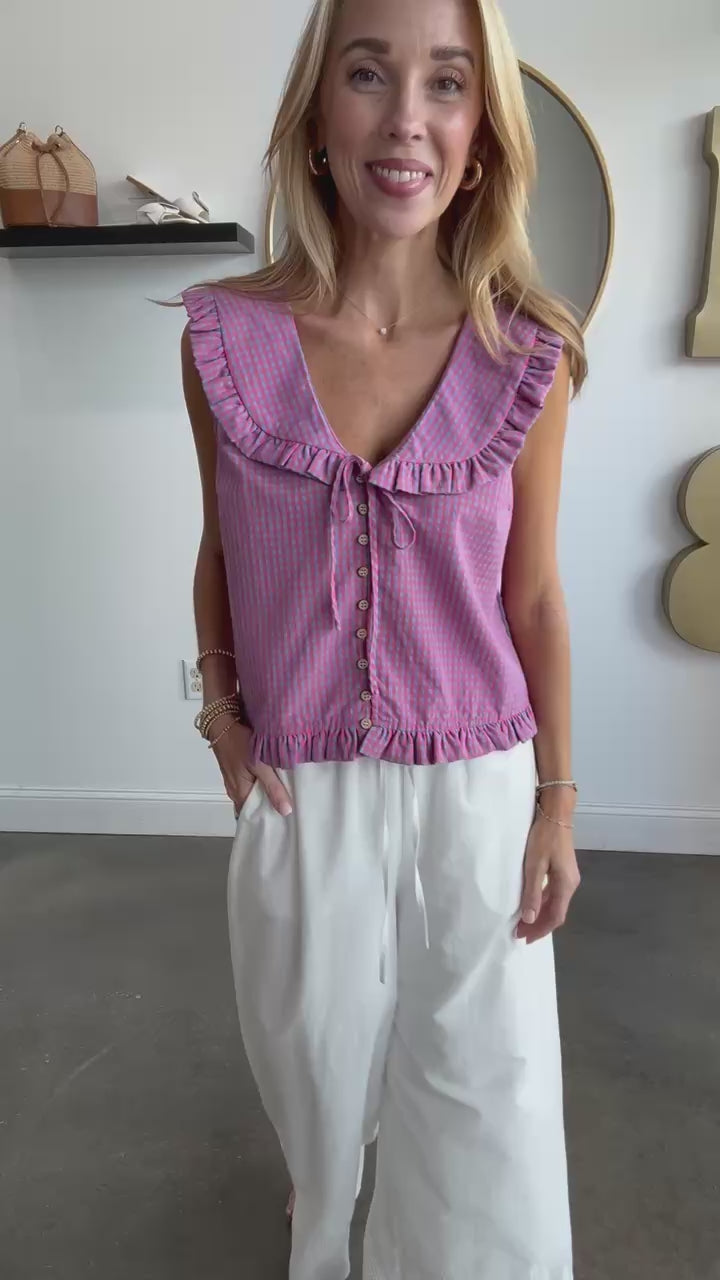 Gingham Ruffle Collar Top - Cherry/Blue