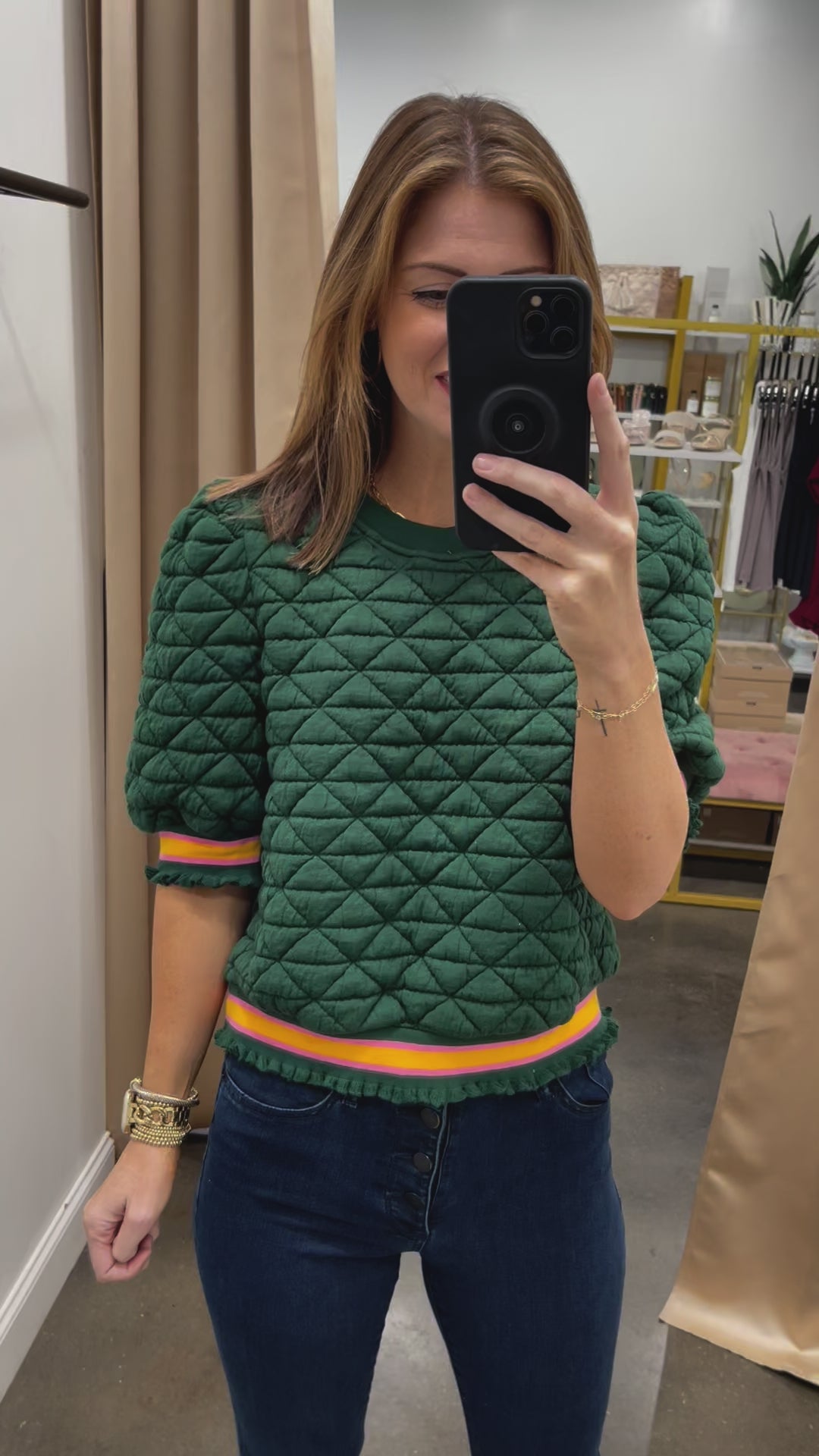 Striped Sleeve Quilted Top - Green