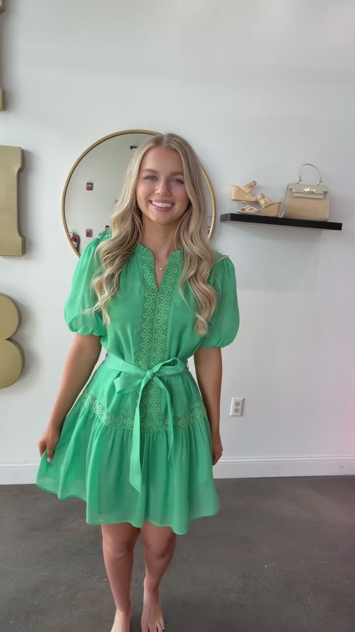 Embroidered Detail Tie Waist Dress - Green