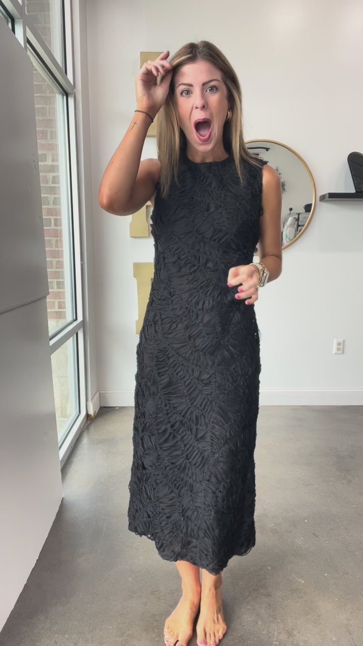 Textured Overlay Midi Dress - Black