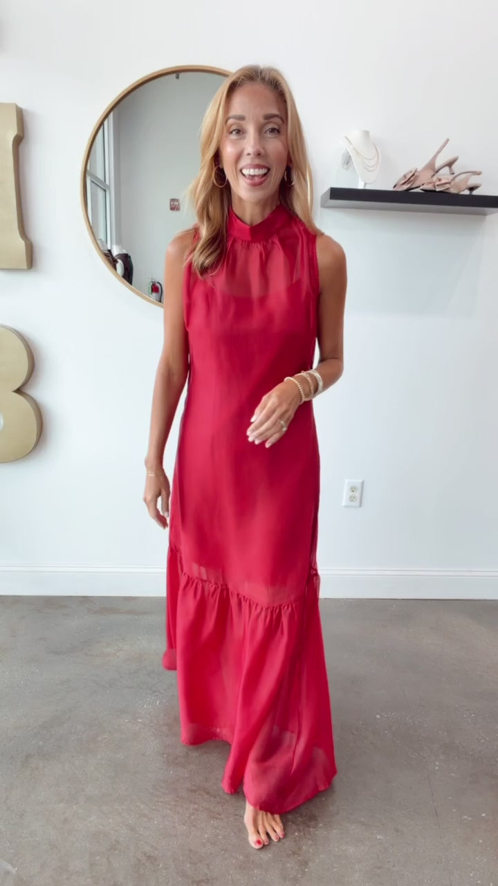Organza Overlay Maxi Dress - Burgundy