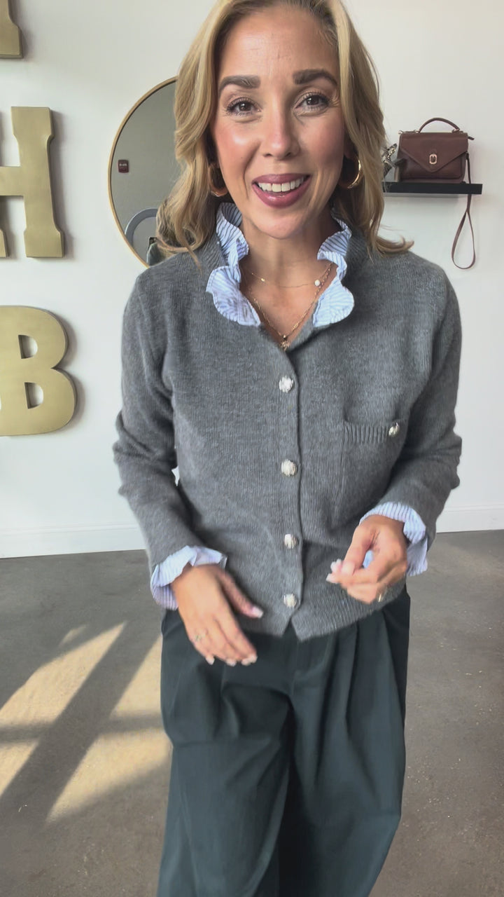 Ruffle Collar Cardigan - Gray