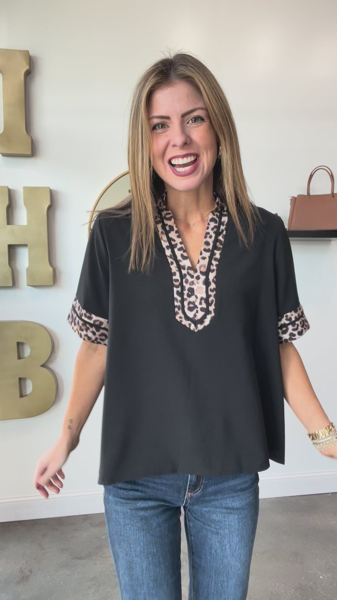 Leopard Trim Top - Black