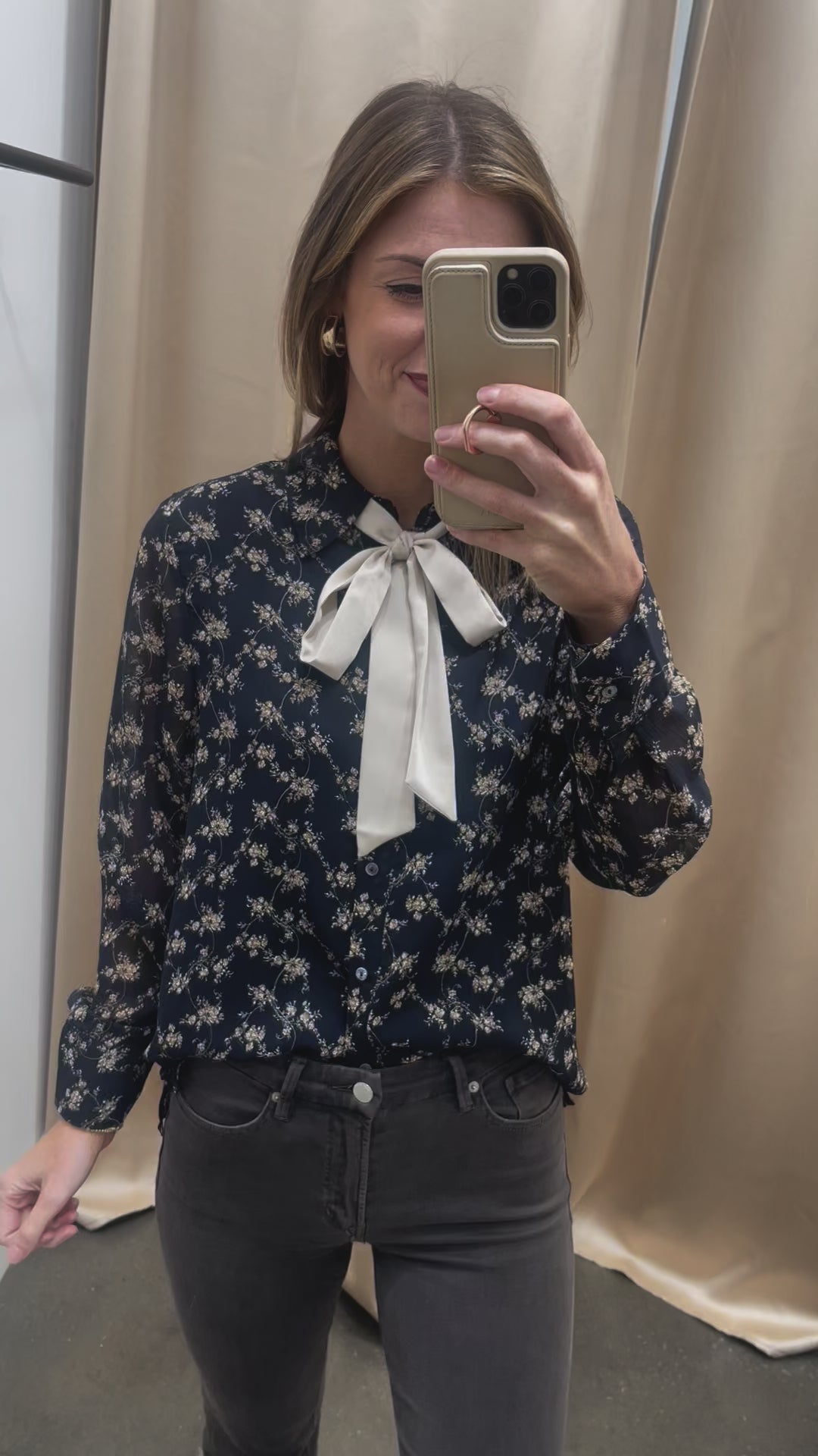 Tie Neck Floral Blouse - Navy