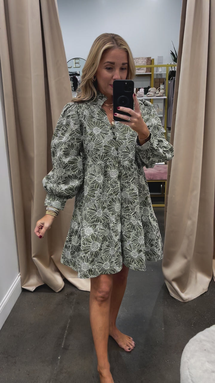 Embroidered Floral Dress - Olive