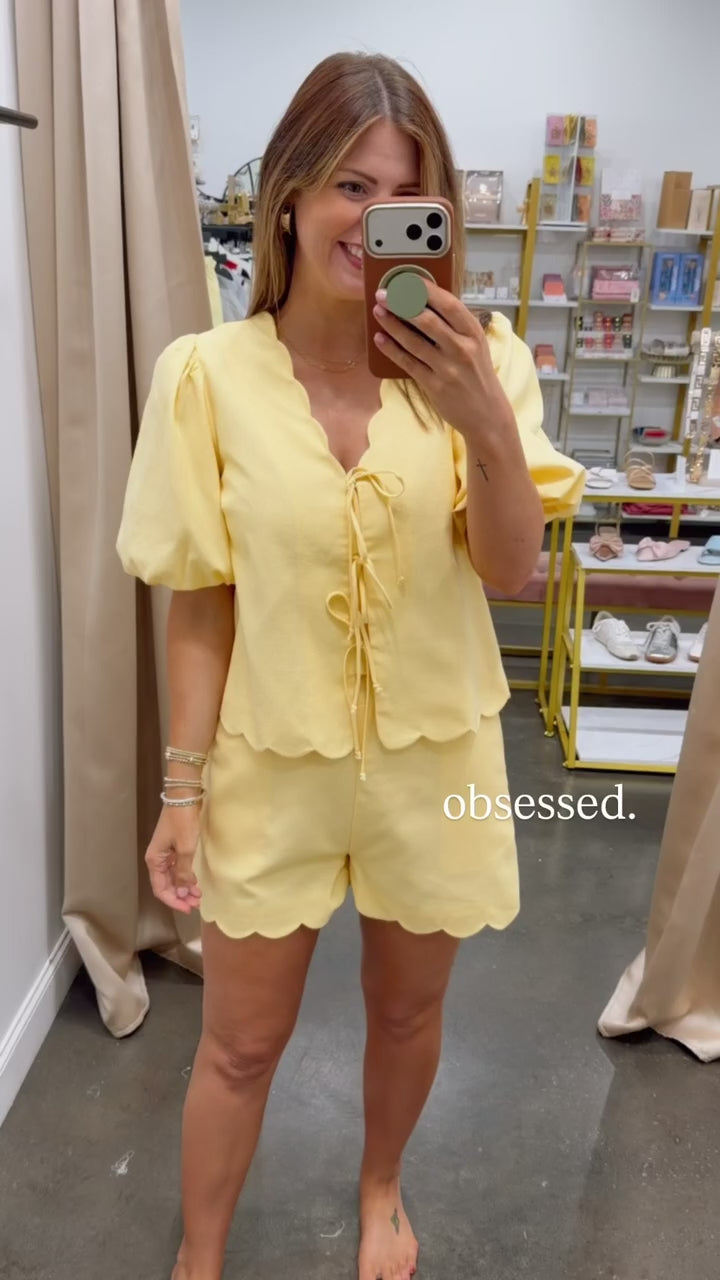 Scallop Hem Front Tie Blouse - Yellow