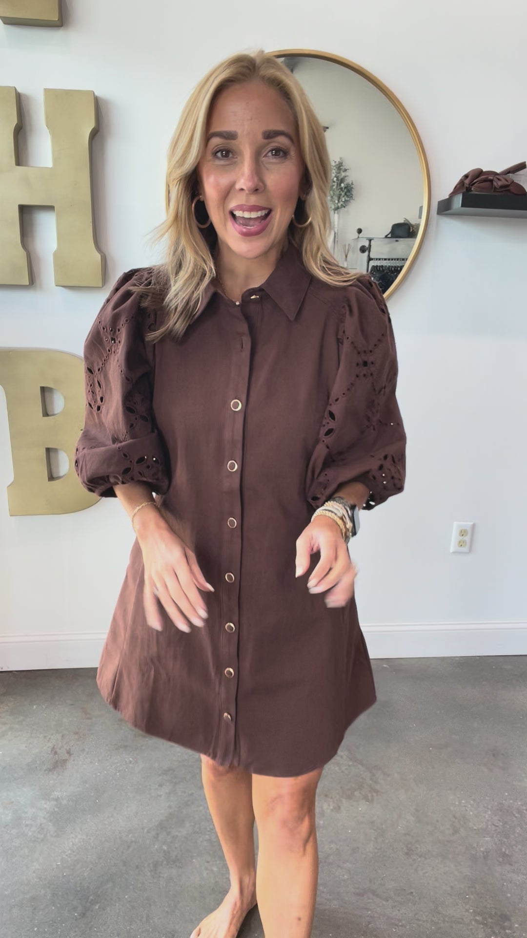 Eyelet Sleeve Button Front Dress - Brown