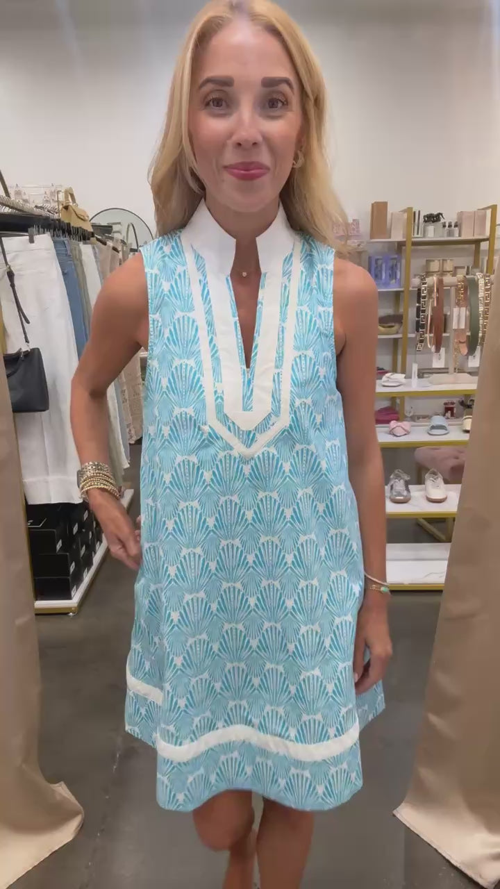 Contrast Trim Printed Dress - Aqua