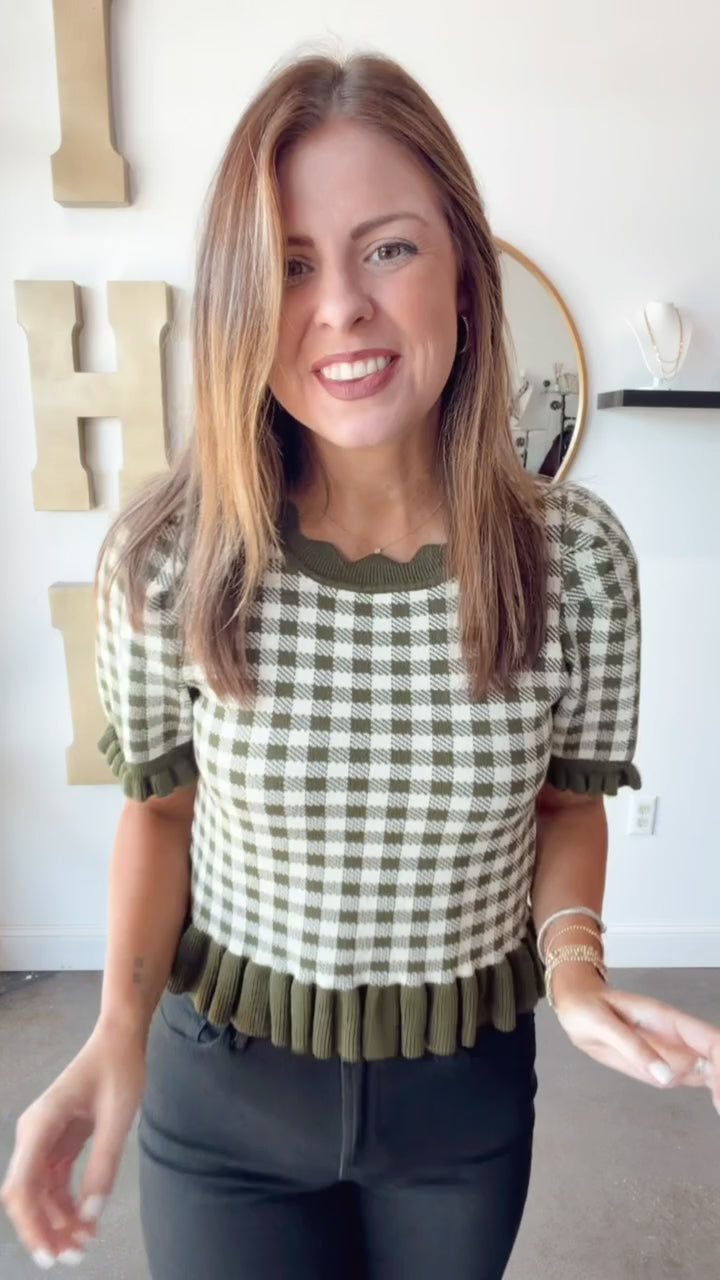 Gingham Knit Top - Olive
