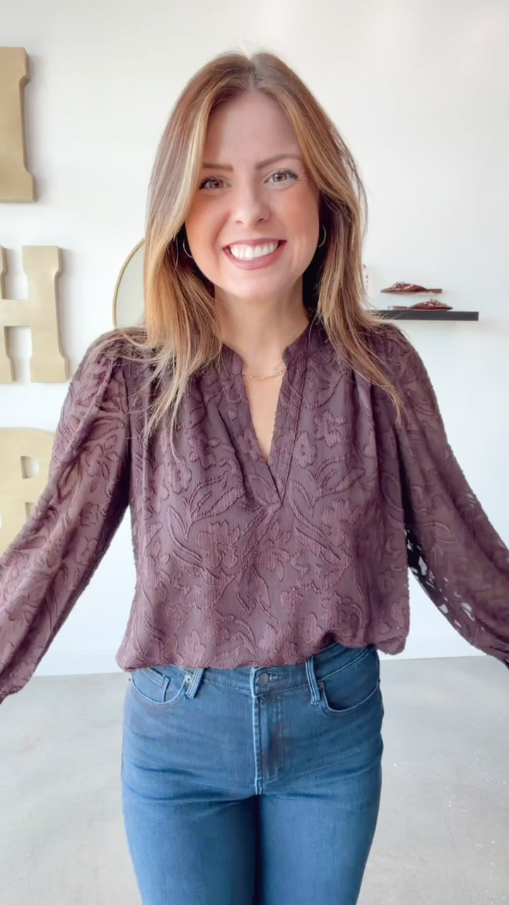 Floral Jacquard Blouse - Brown