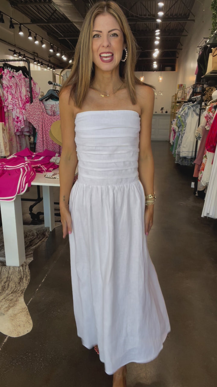 Linen Strapless Midi Dress - White
