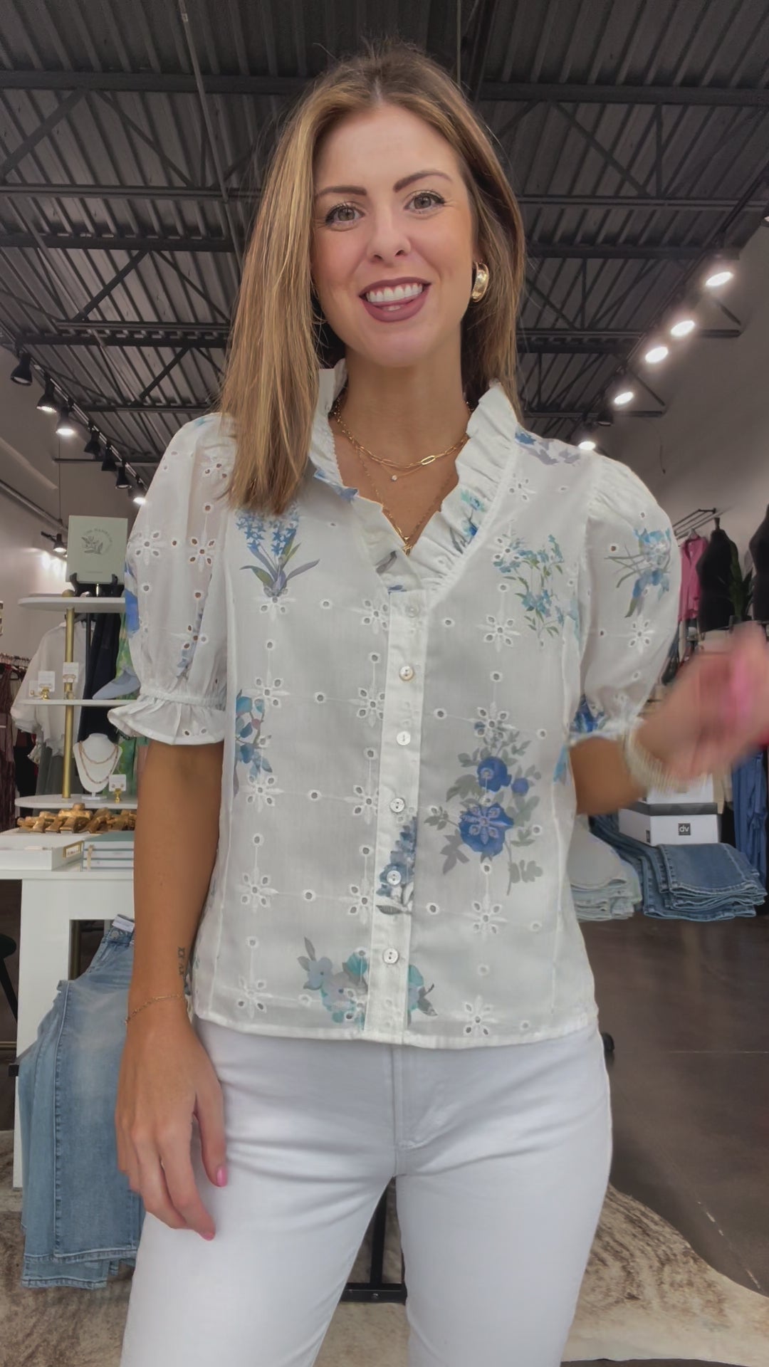 Eyelet Embroidered Floral Top - Blue