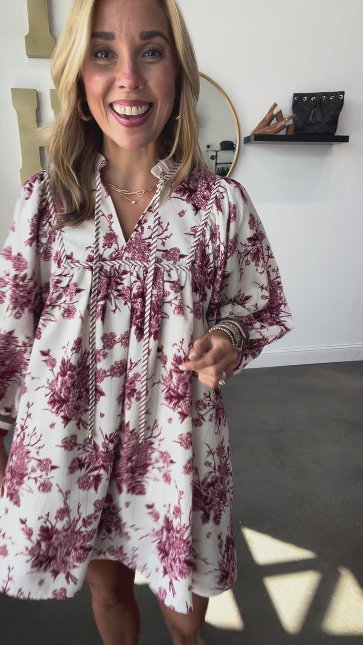 Floral Print Striped Contrast Dress - Burgundy