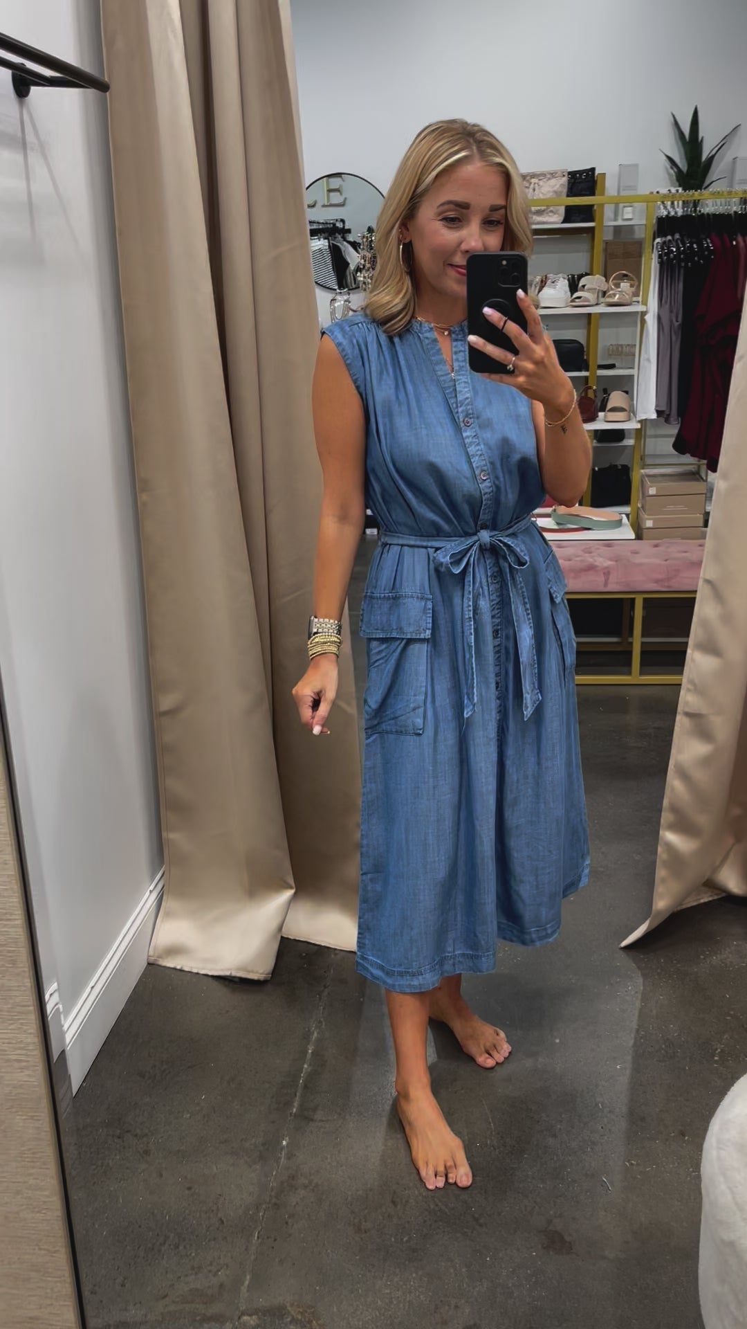 Button Down Tie Waist Dress - Chambray