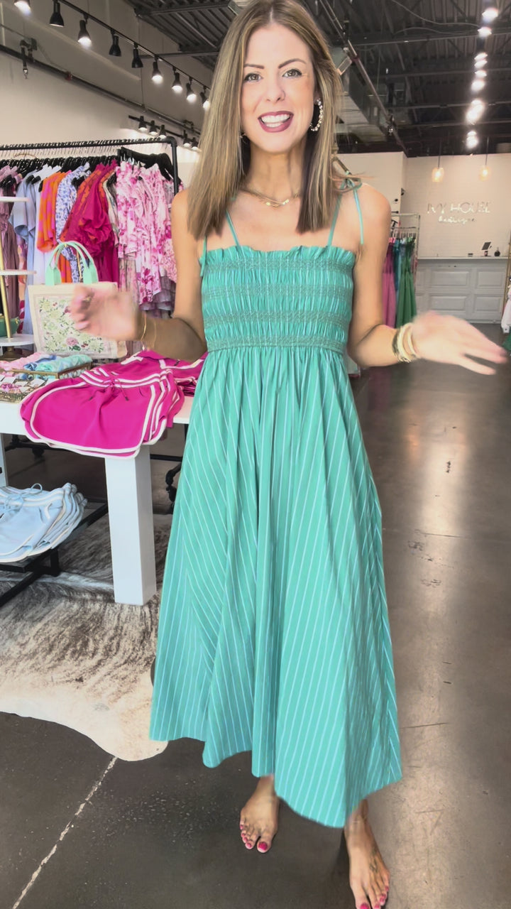 Striped Tie Shoulder Midi Dress - Green