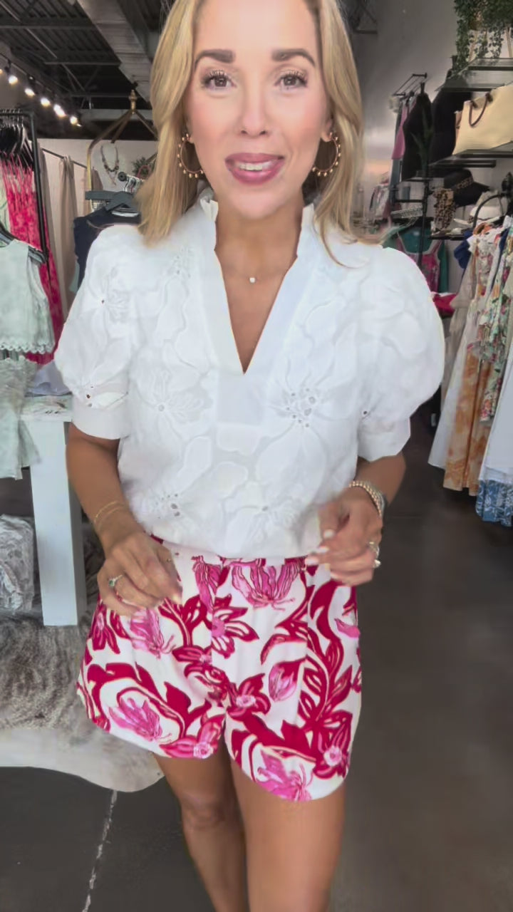 Floral Textured Short Sleeve Top - White