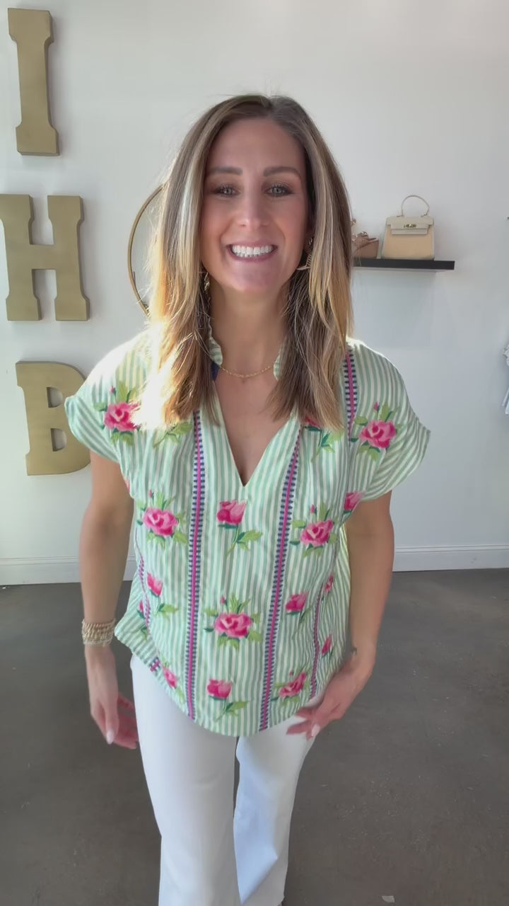 Floral Embroidered Striped Top