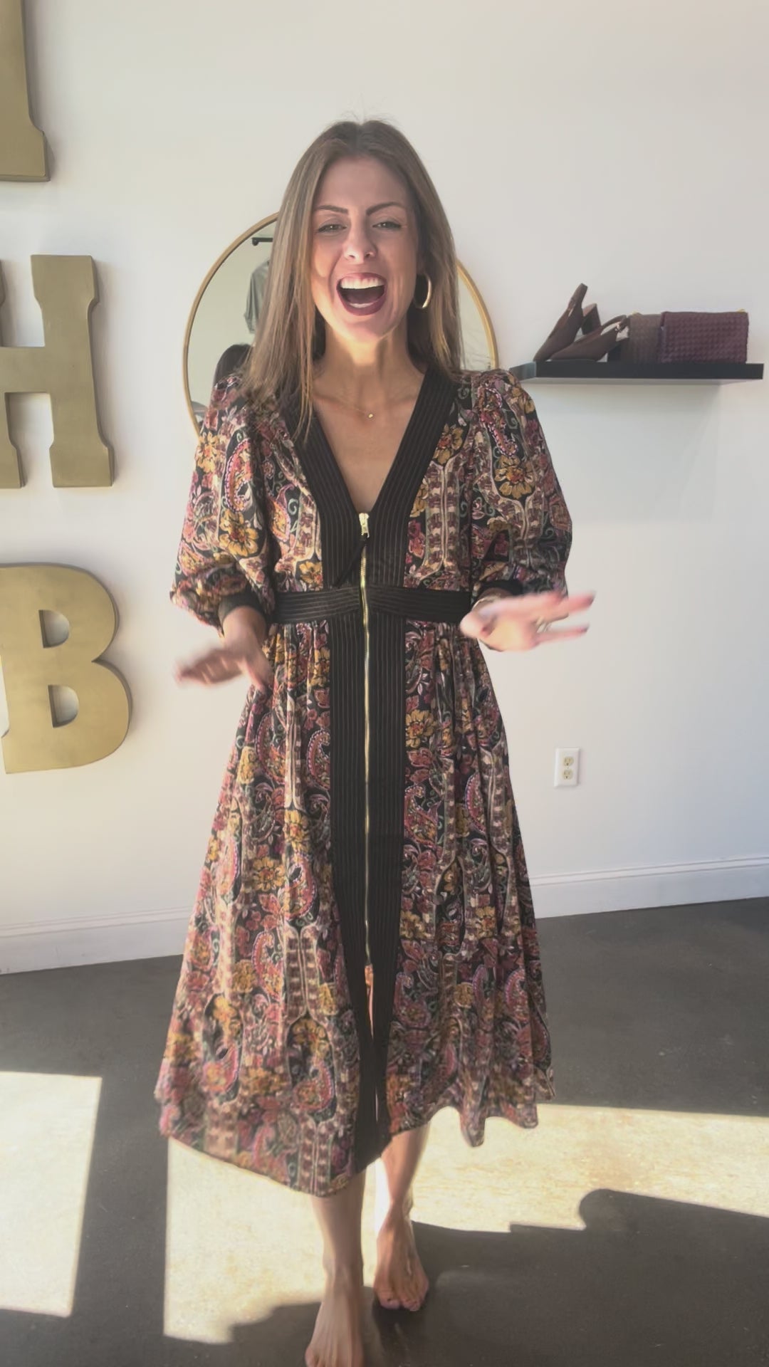 Front Zip Floral Contrast Dress