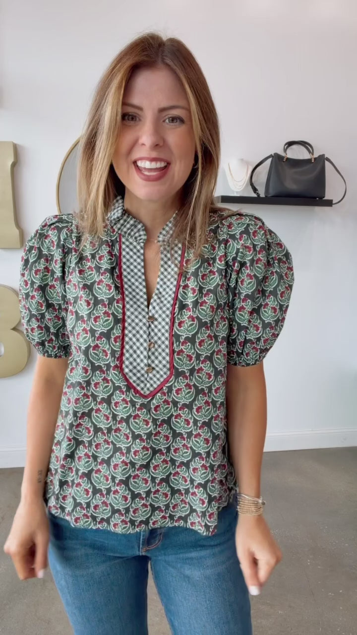 Gingham Contrast Printed Top - Dark Green