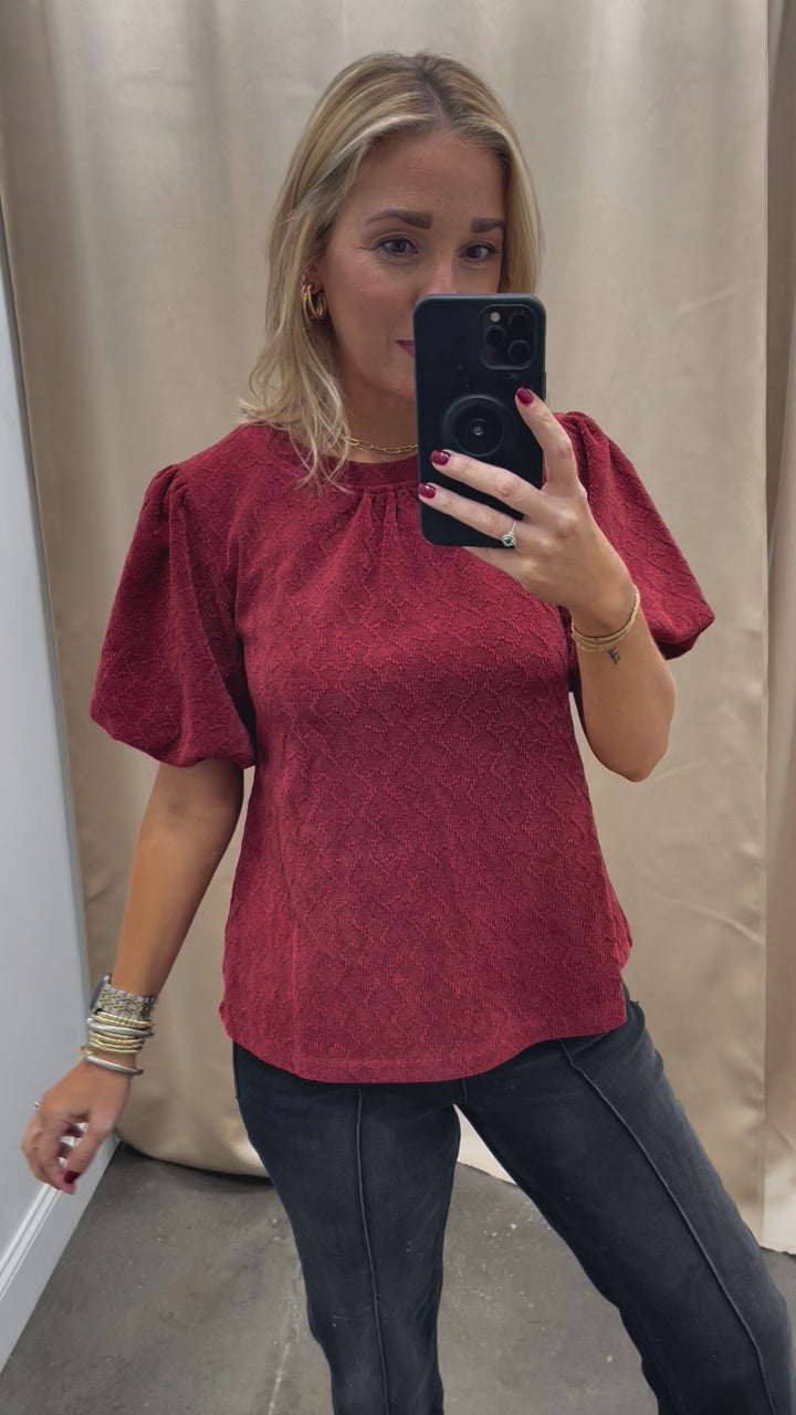 Textured Puff Sleeve Top - Burgundy