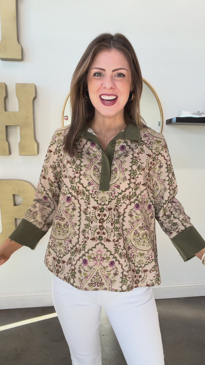 Contrast Trim Pattern Top - Olive