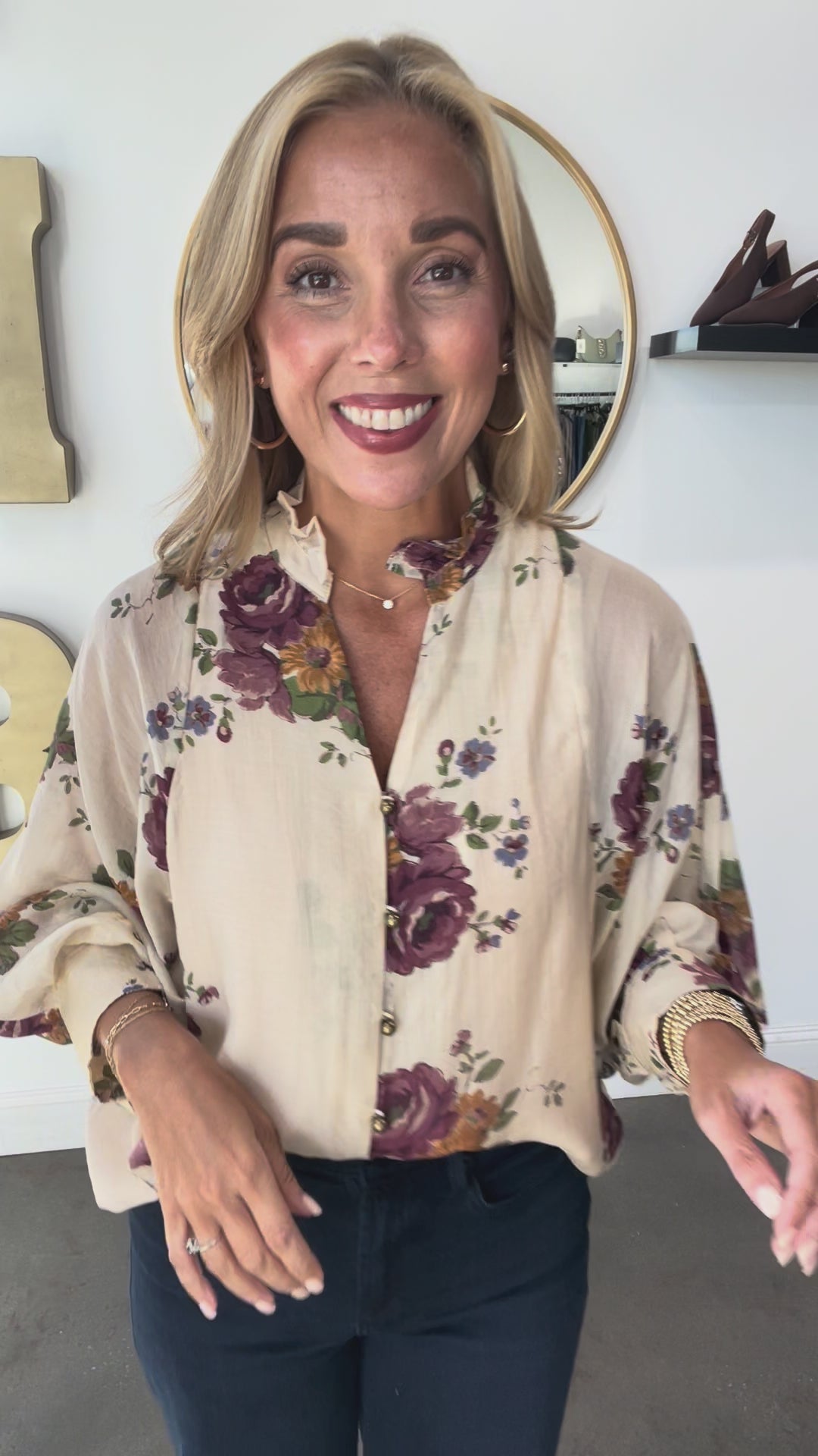 Button Front Floral Top - Ecru