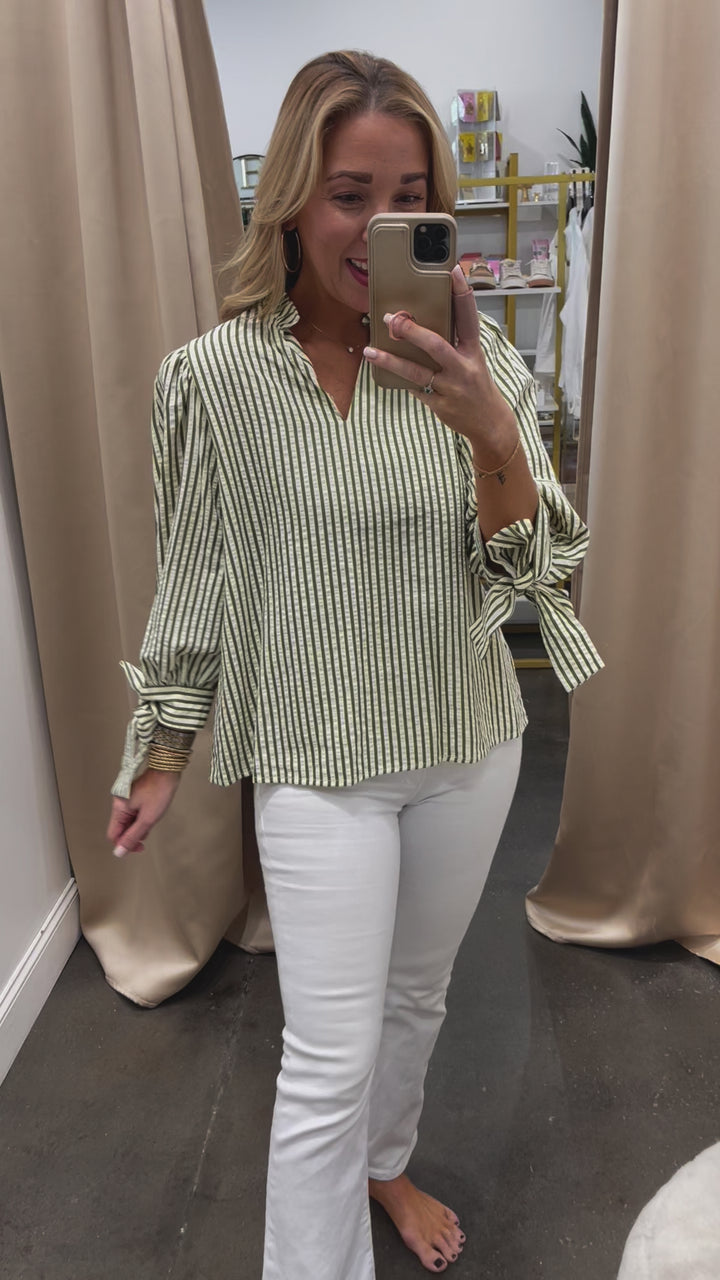 Bow Sleeve Striped Top - Olive