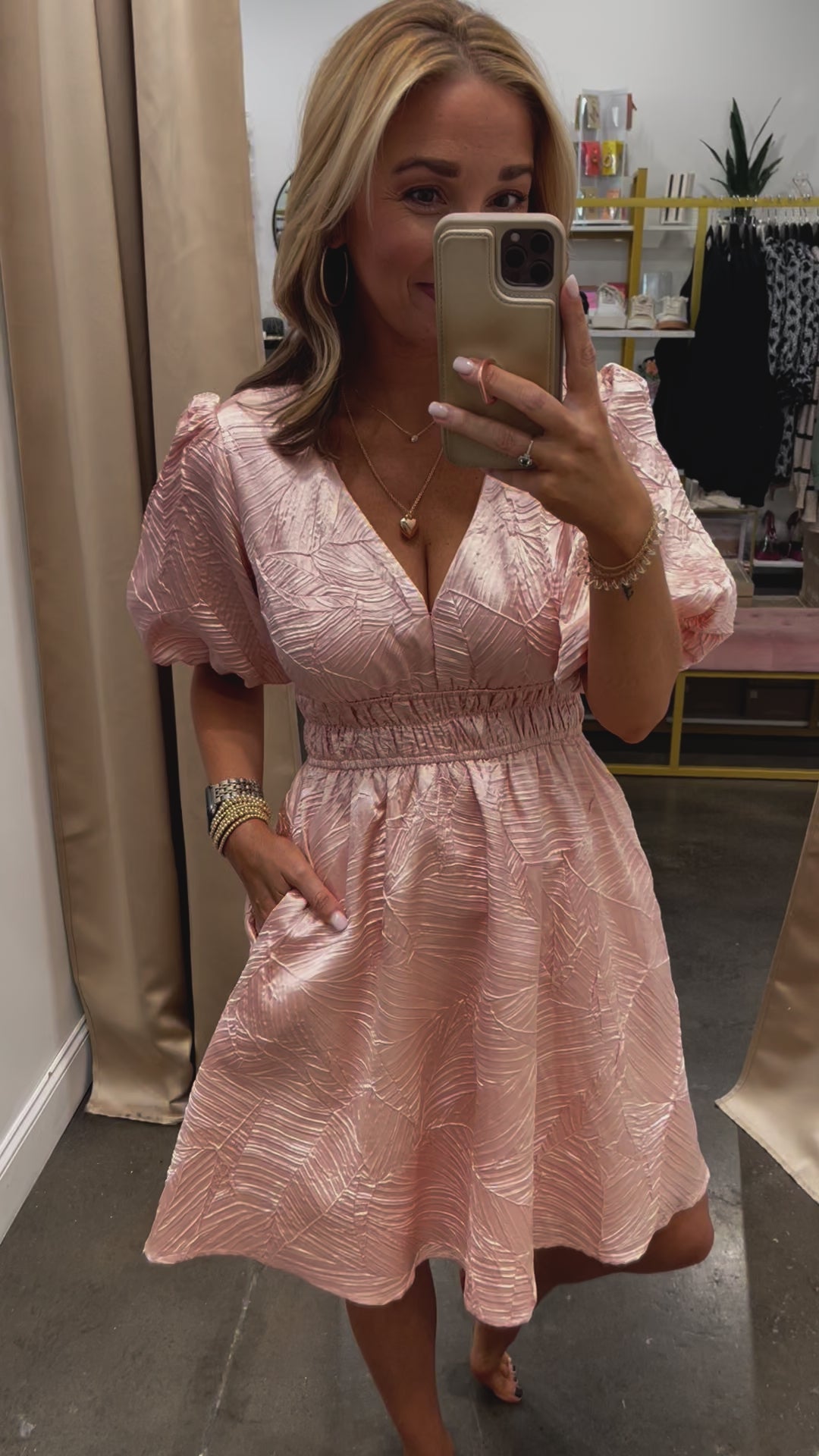 Textured Balloon Sleeve Dress - Light Pink