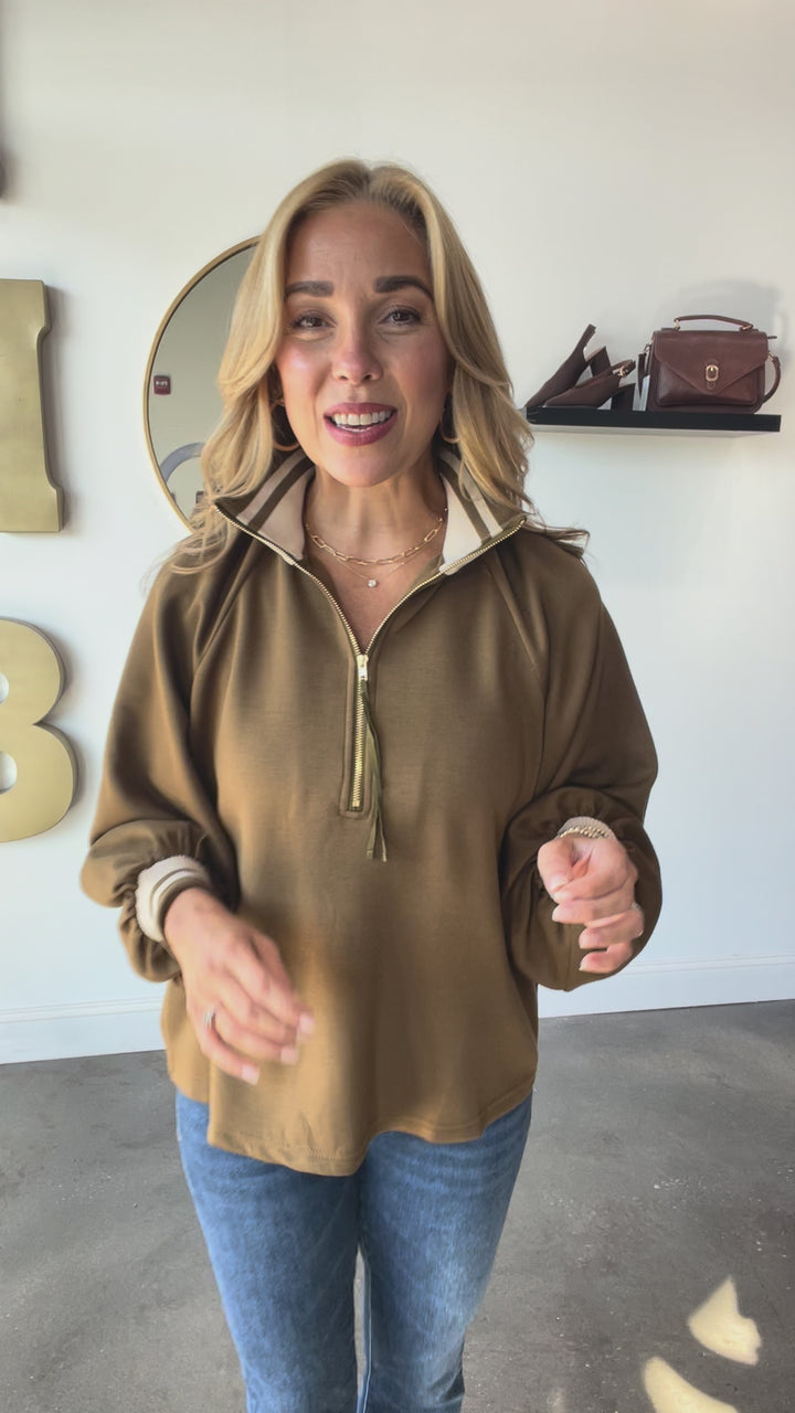 Quarter Zip Long Sleeve Top - Olive