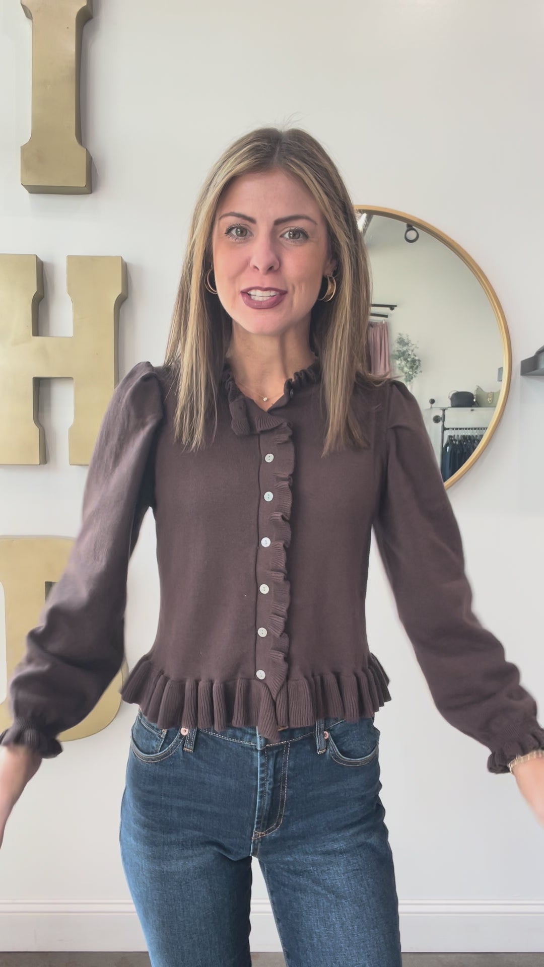 Ruffle Trim Sweater Cardigan - Brown