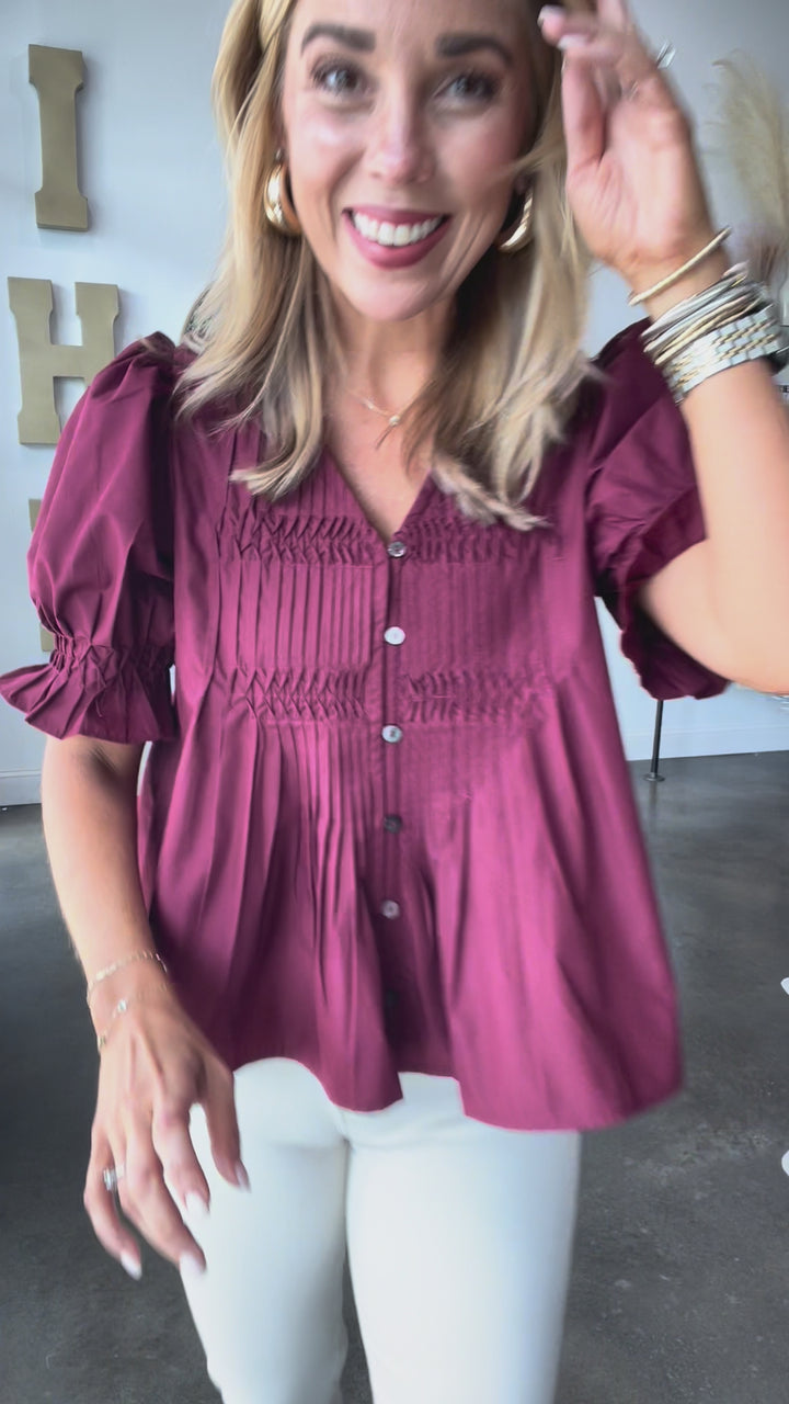 Button Front Pleated Top - Burgundy