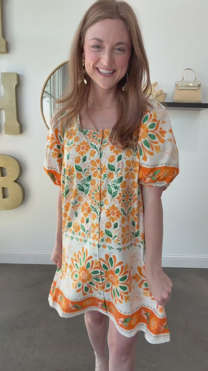 Floral Scoop Neck Dress - Orange Cream