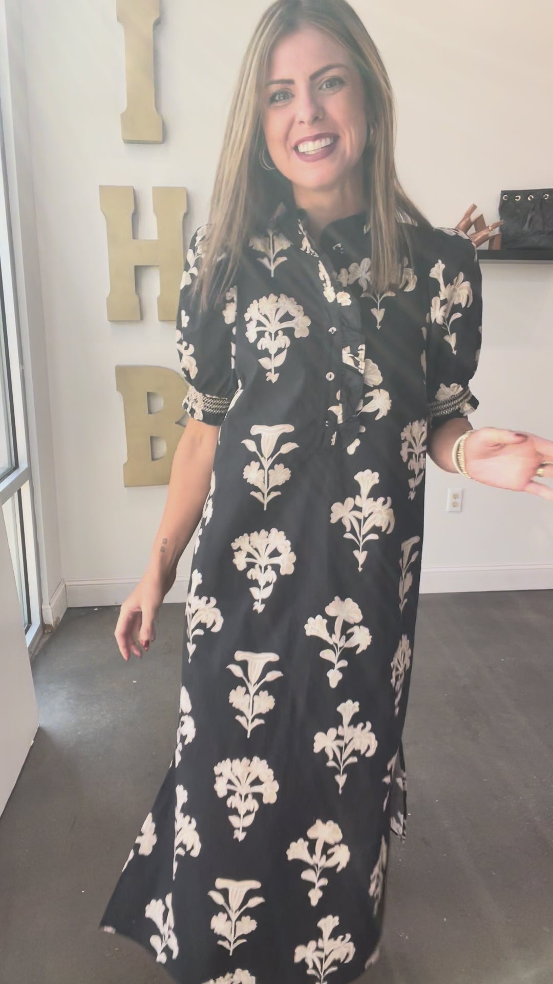 Button Front Printed Midi Dress - Black