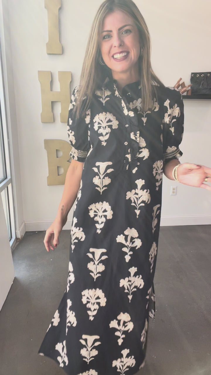 Button Front Printed Midi Dress - Black